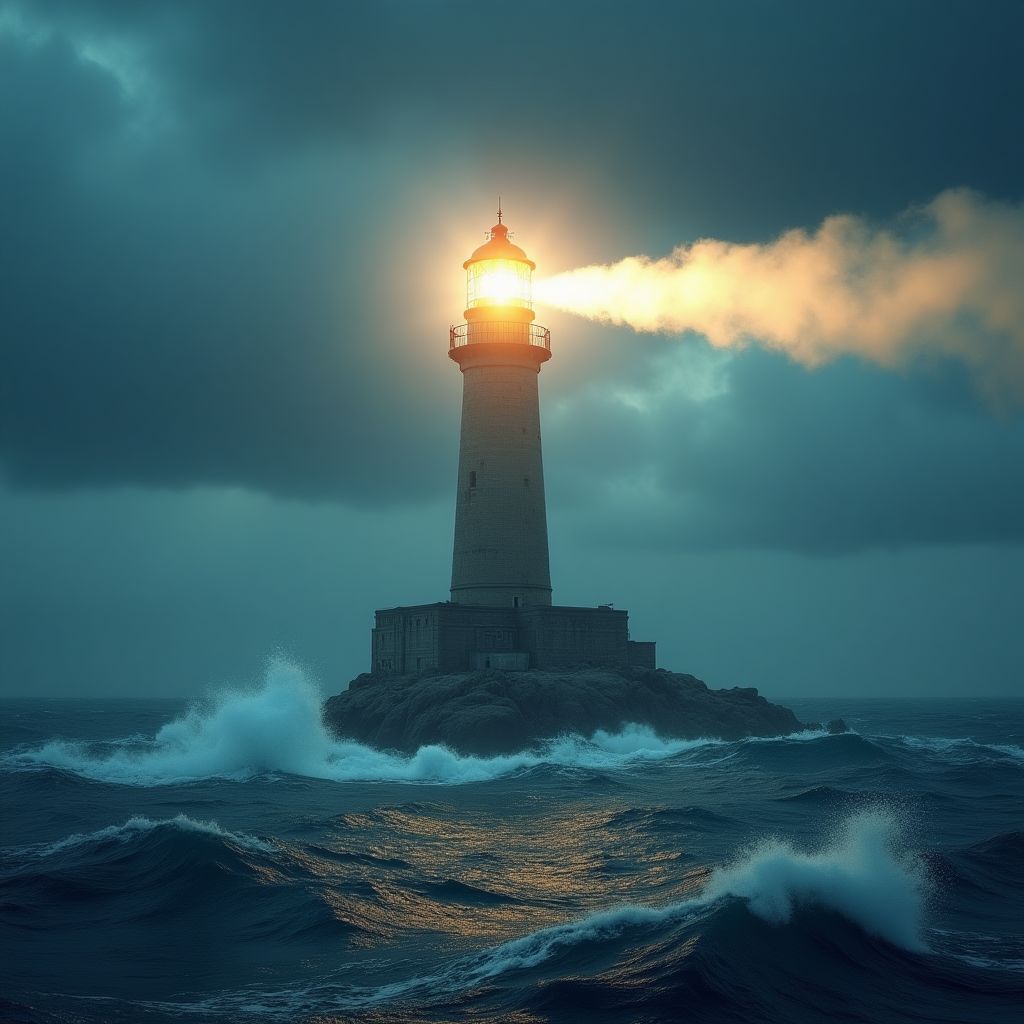 Un faro iluminando un mar turbulento, simbolizando guía