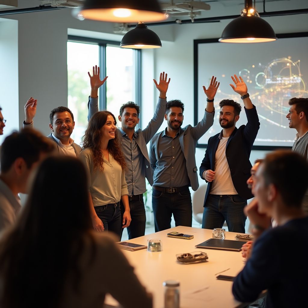 Equipo de startup tecnológica celebrando