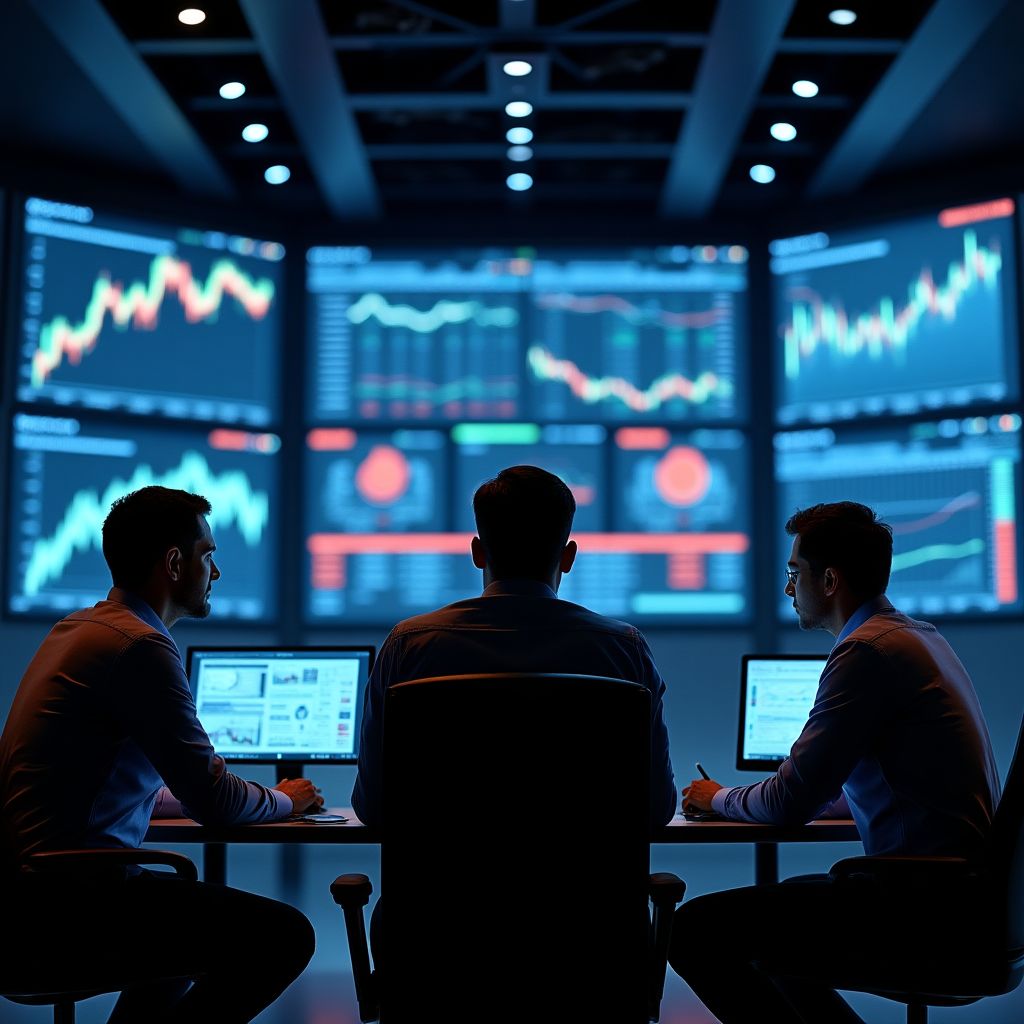 Analistas financieros revisando gráficos y datos en monitores